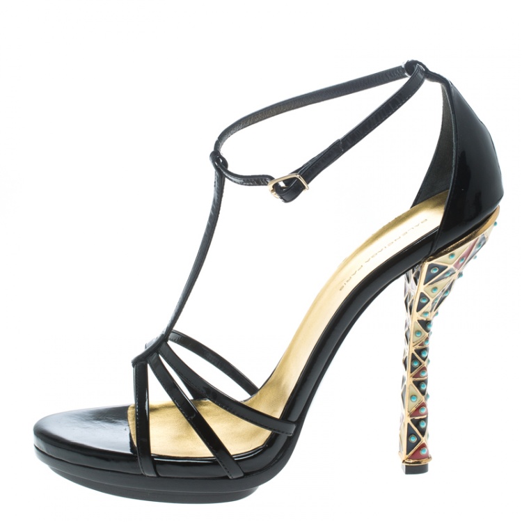 Pre Owned Balenciaga Black Patent Leather Ankle Strap Sandals Size 40