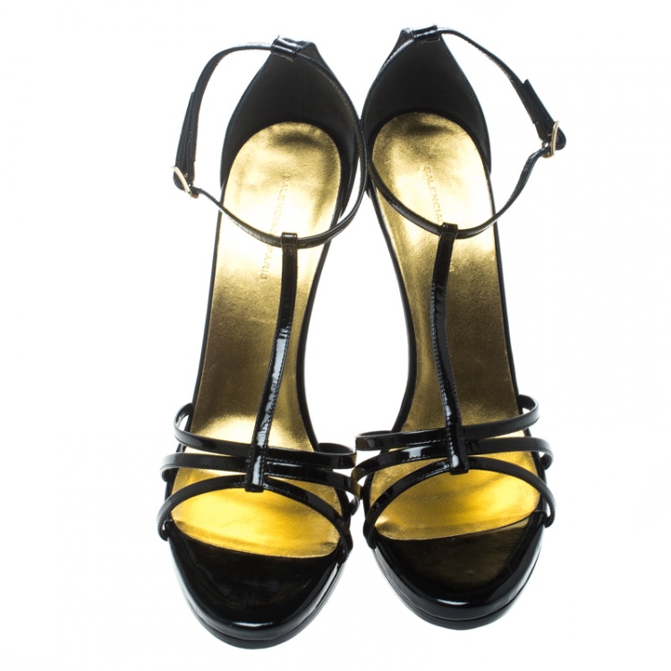 Pre Owned Balenciaga Black Patent Leather Ankle Strap Sandals Size 40