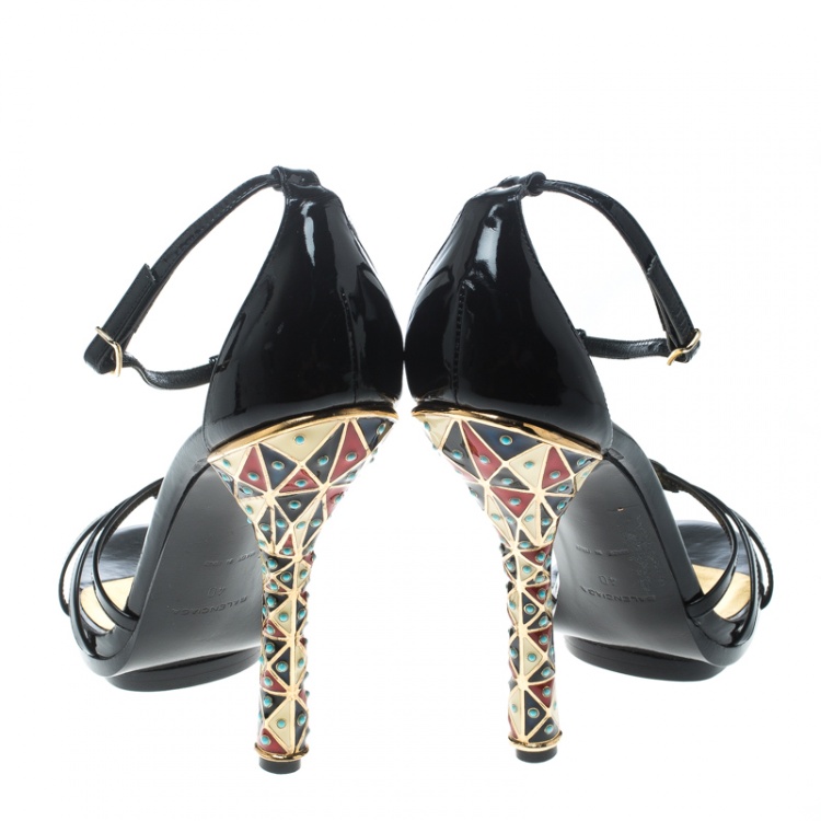 Pre Owned Balenciaga Black Patent Leather Ankle Strap Sandals Size 40