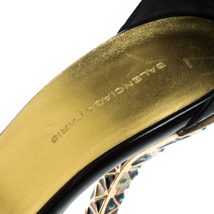 Pre Owned Balenciaga Black Patent Leather Ankle Strap Sandals Size 40