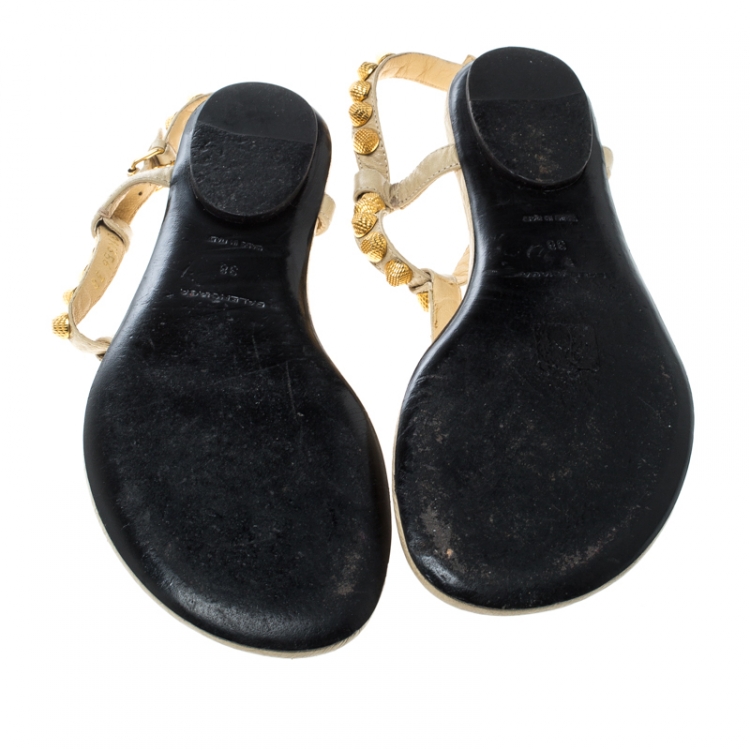 Pre Owned Balenciaga Light Yellow Studded Leather Arena Thong Sandals Size 38