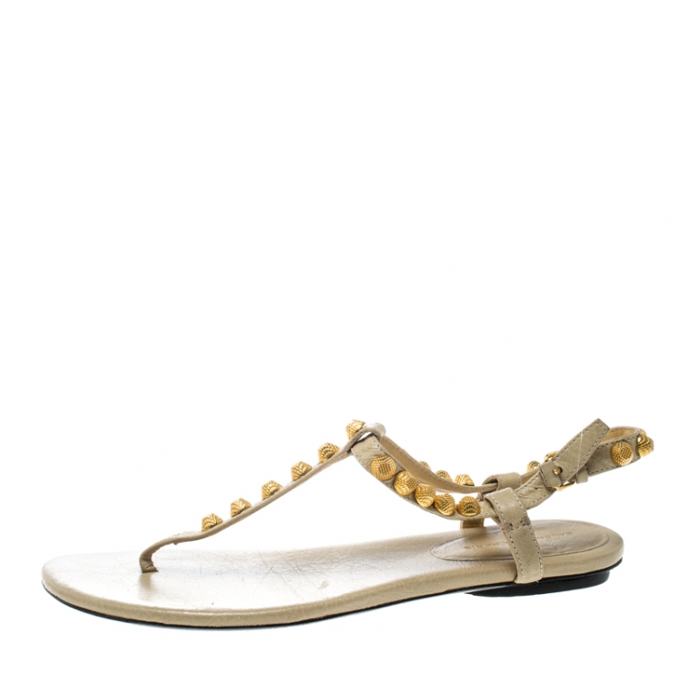 Pre Owned Balenciaga Light Yellow Studded Leather Arena Thong Sandals Size 38