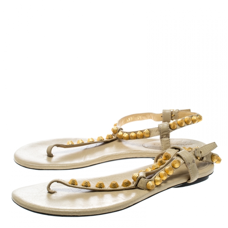 Pre Owned Balenciaga Light Yellow Studded Leather Arena Thong Sandals Size 38