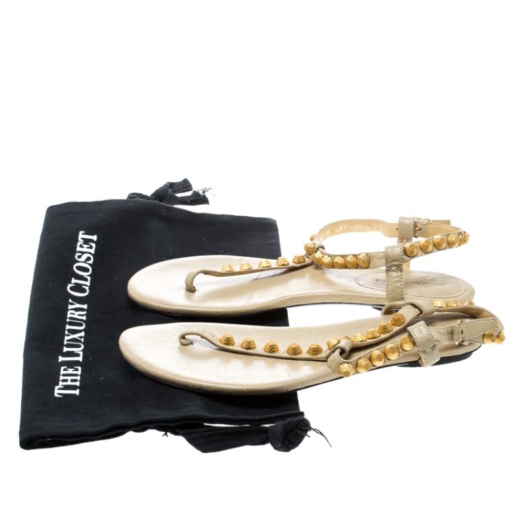 Pre Owned Balenciaga Light Yellow Studded Leather Arena Thong Sandals Size 38