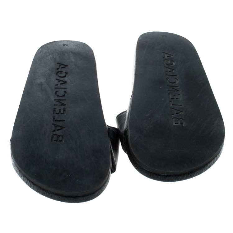 Pre Owned Balenciaga Black Logo Stamped Leather Slide Sandals Size 38