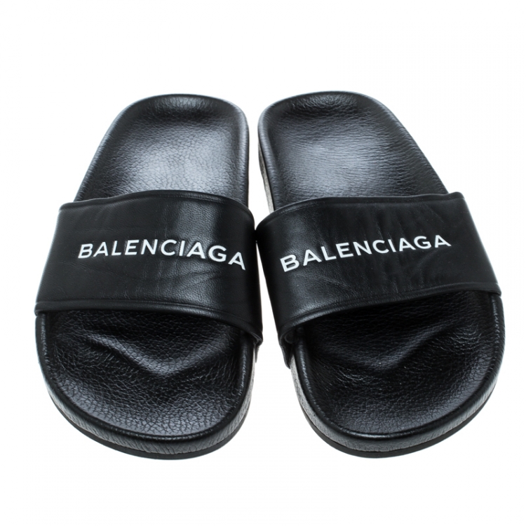Pre Owned Balenciaga Black Logo Stamped Leather Slide Sandals Size 38