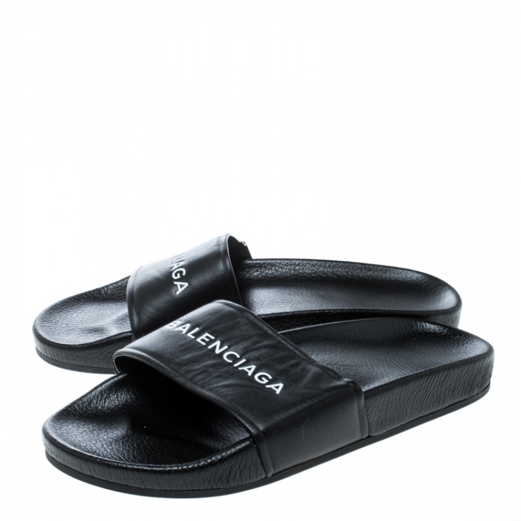 Pre Owned Balenciaga Black Logo Stamped Leather Slide Sandals Size 38