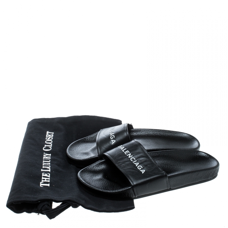 Pre Owned Balenciaga Black Logo Stamped Leather Slide Sandals Size 38