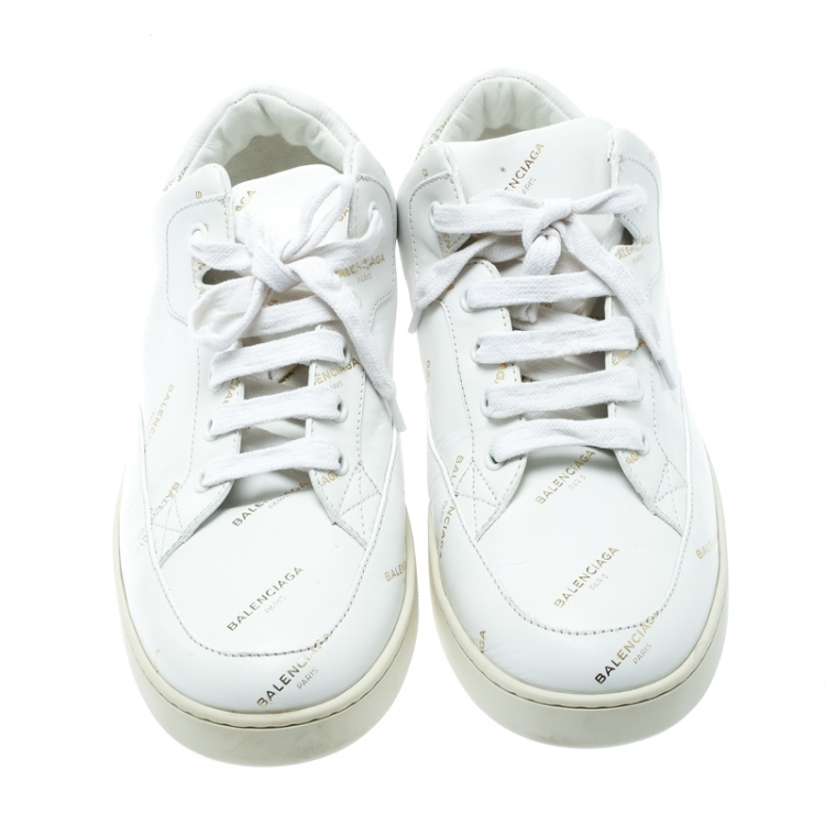 Pre Owned Balenciaga White Logo Printed Leather Lace Up Sneakers Size 38