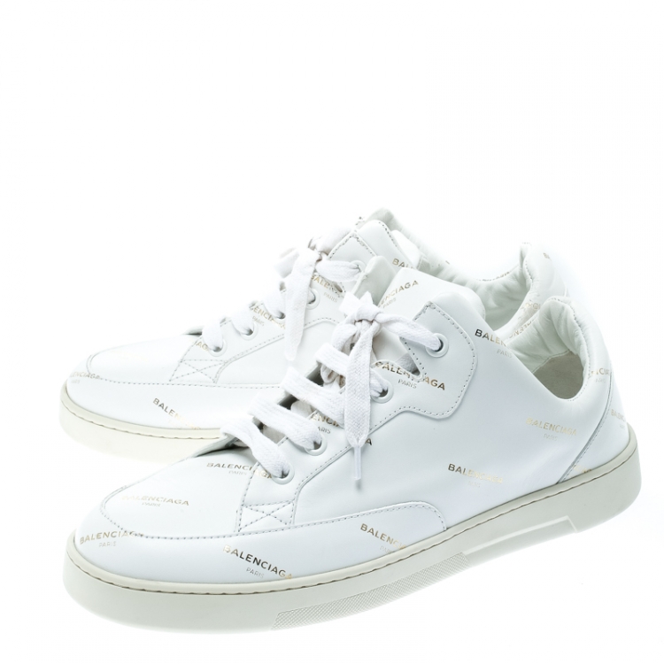 Pre Owned Balenciaga White Logo Printed Leather Lace Up Sneakers Size 38