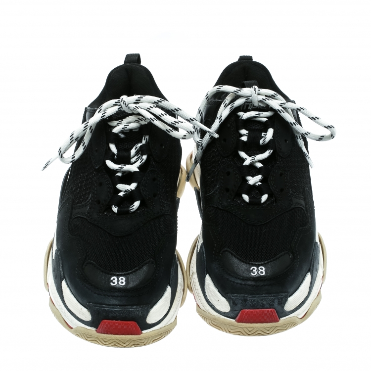 Pre Owned Balenciaga Black Mesh And Leather Triple S Platform Sneakers Size 38