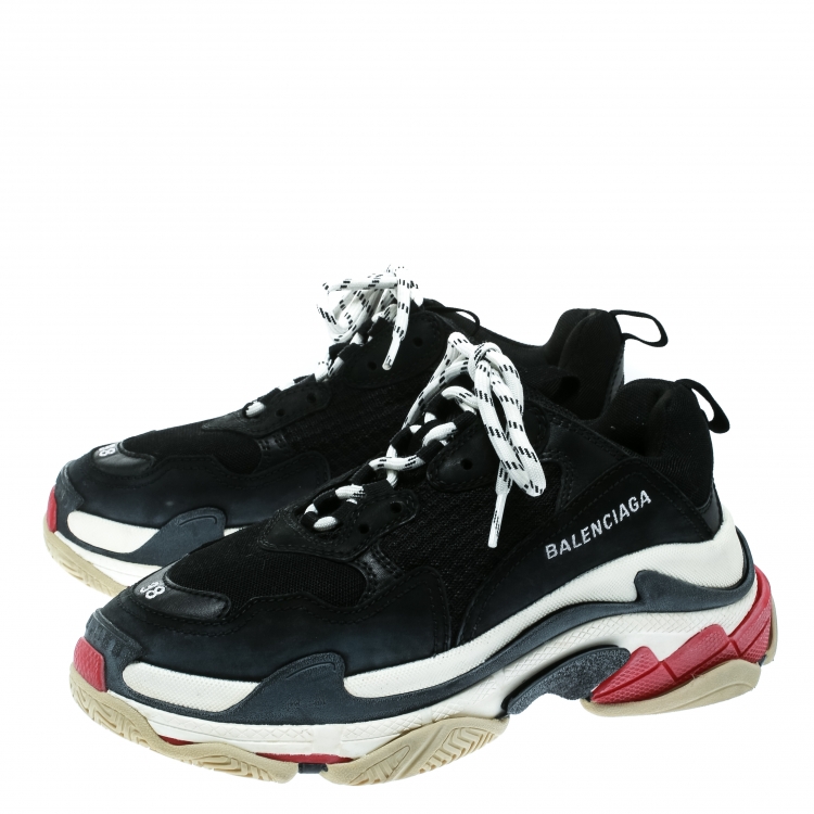 Pre Owned Balenciaga Black Mesh And Leather Triple S Platform Sneakers Size 38