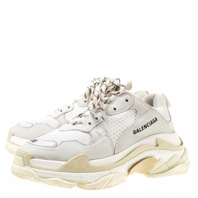 Pre Owned Balenciaga White Mesh And Leather Triple S Platform Sneakers Size 38