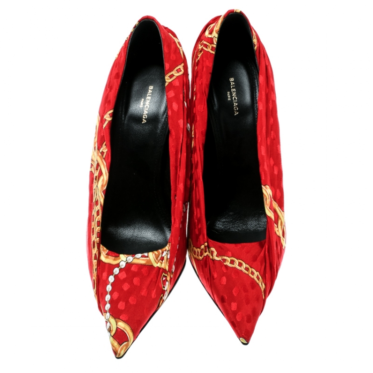 Pre Owned Balenciaga Red Printed Fabric Pointed Toe Pumps Size 38
