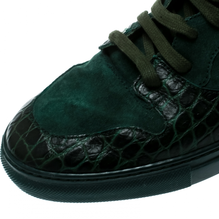 Pre Owned Balenciaga Green Suede And Croc Embossed Leather High Top Sneakers Size 40
