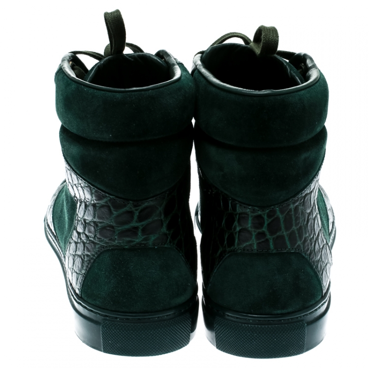 Pre Owned Balenciaga Green Suede And Croc Embossed Leather High Top Sneakers Size 40