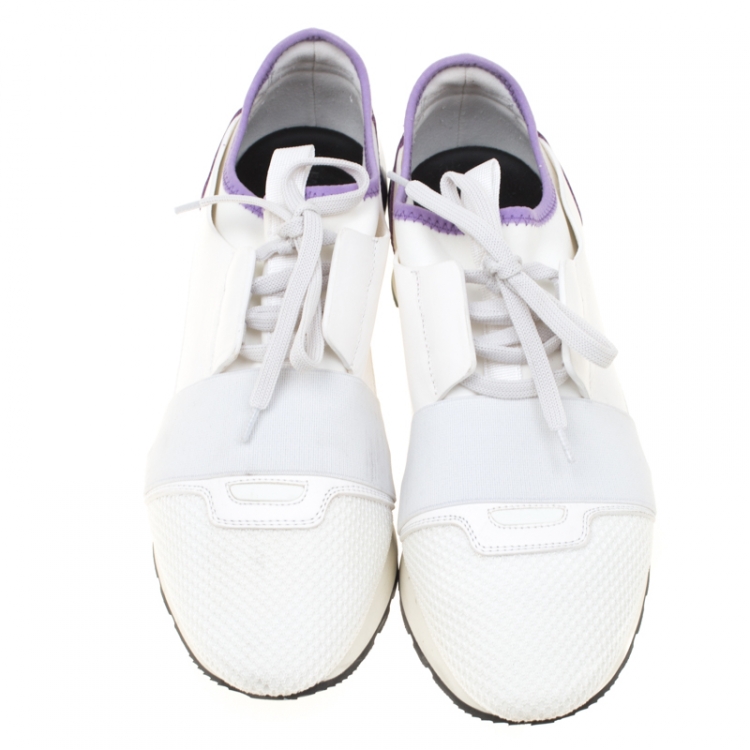 Pre Owned Balenciaga White/Purple Mesh And Leather Race Runner Sneakers Size 39