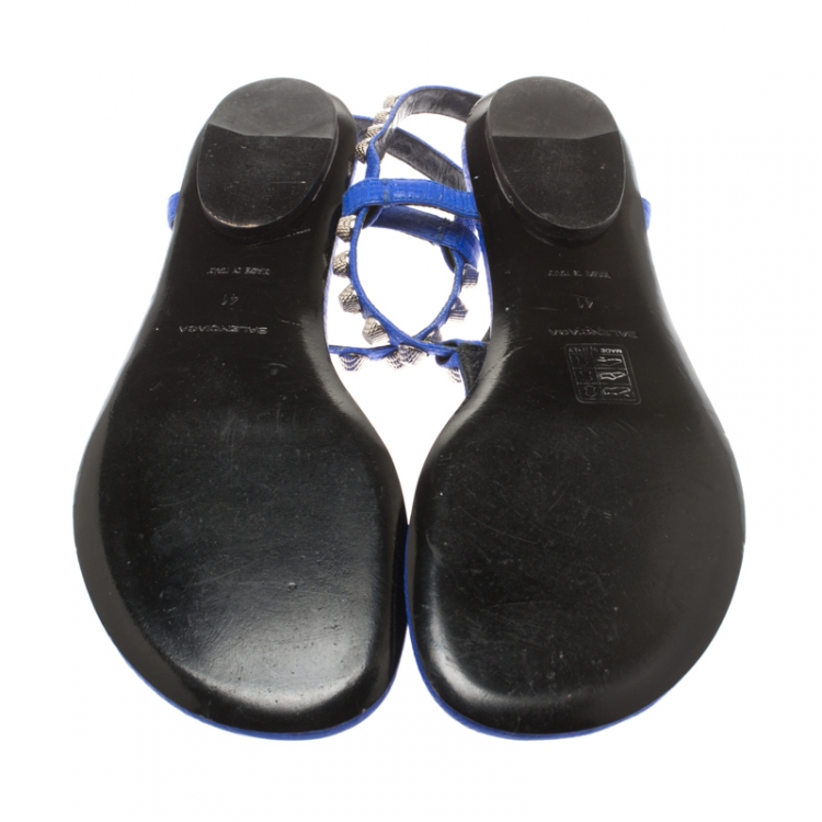 Pre Owned Balenciaga Blue Studded Leather Arena Thong Sandals Size 41