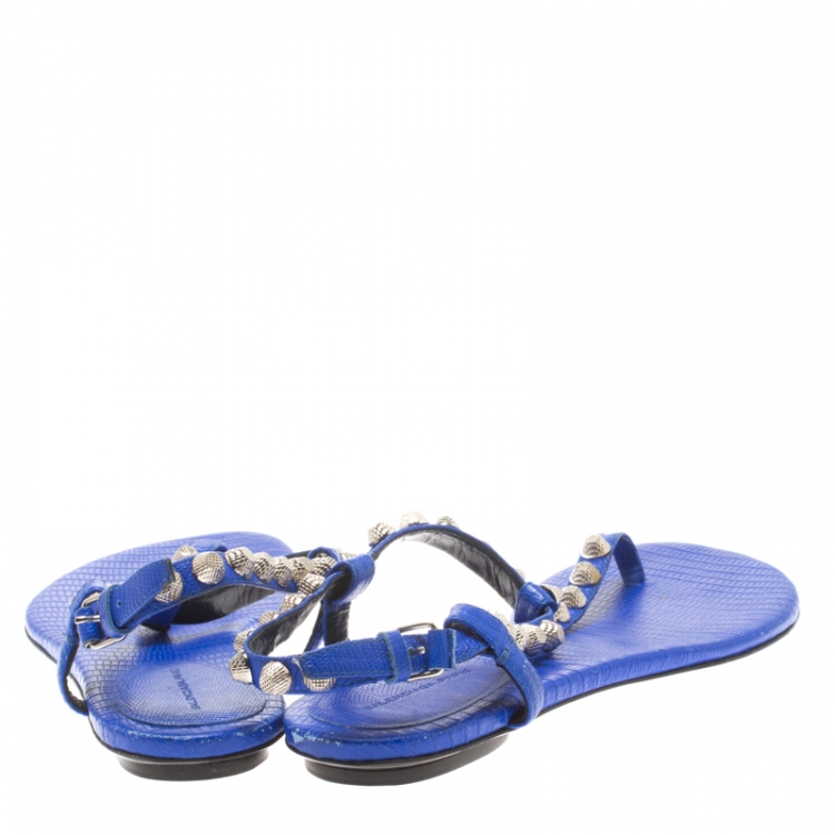 Pre Owned Balenciaga Blue Studded Leather Arena Thong Sandals Size 41