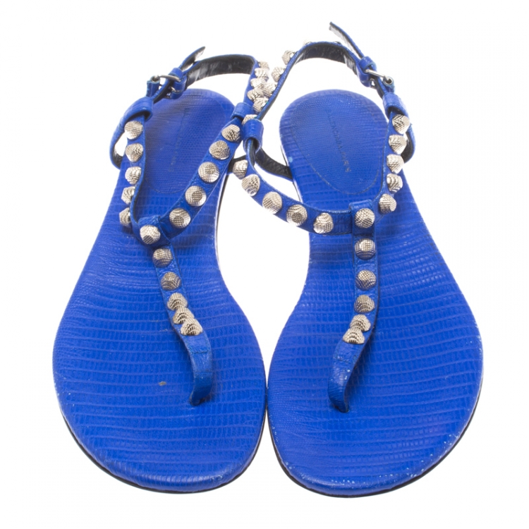 Pre Owned Balenciaga Blue Studded Leather Arena Thong Sandals Size 41