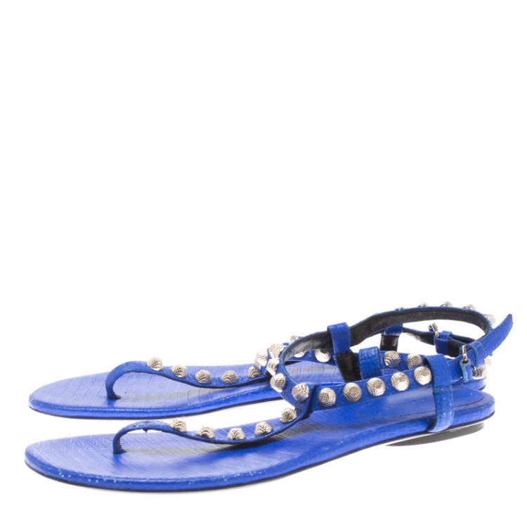 Pre Owned Balenciaga Blue Studded Leather Arena Thong Sandals Size 41