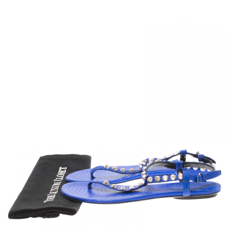 Pre Owned Balenciaga Blue Studded Leather Arena Thong Sandals Size 41