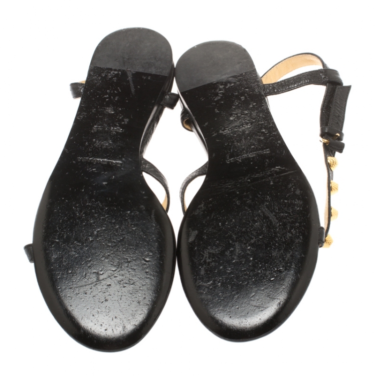 Pre Owned Balenciaga Black Studded Leather Arena Thong Flat Sandals Size 39.5