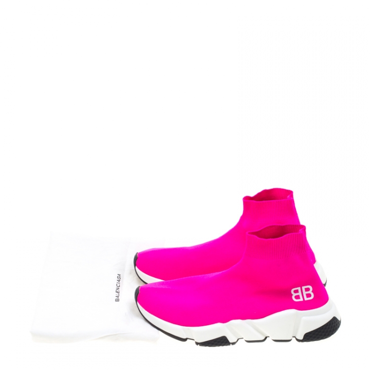 Pre Owned Balenciaga Neon Pink Knit Fabric Speed Trainer Sneakers Size 37