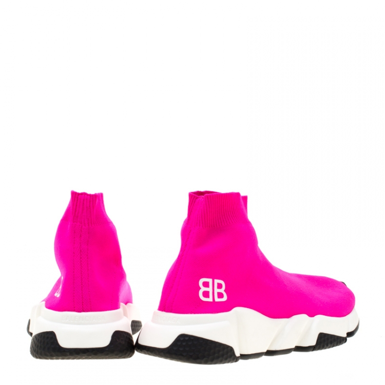 Pre Owned Balenciaga Neon Pink Knit Fabric Speed Trainer Sneakers Size 37