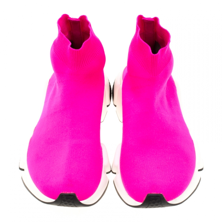Pre Owned Balenciaga Neon Pink Knit Fabric Speed Trainer Sneakers Size 37