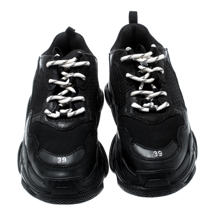 Pre Owned Balenciaga Black Mesh And Leather Triple S Platform Sneakers Size 39