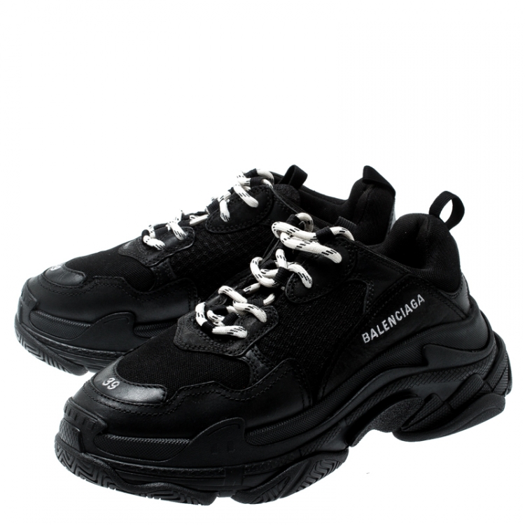Pre Owned Balenciaga Black Mesh And Leather Triple S Platform Sneakers Size 39