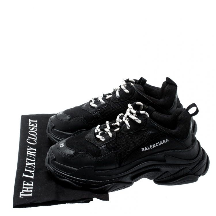 Pre Owned Balenciaga Black Mesh And Leather Triple S Platform Sneakers Size 39