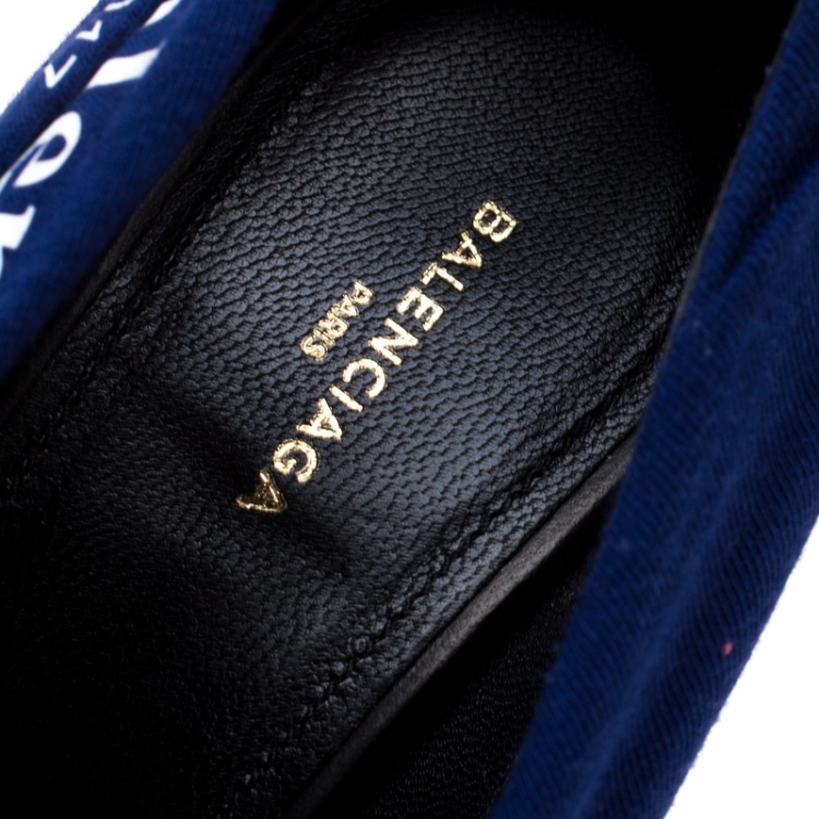 Pre Owned Balenciaga Blue Fabric And Leather Knife Logo Pointed Toe Pumps Size 36