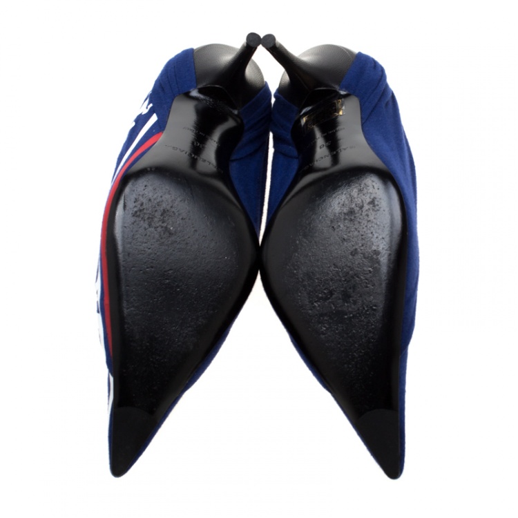 Pre Owned Balenciaga Blue Fabric And Leather Knife Logo Pointed Toe Pumps Size 36