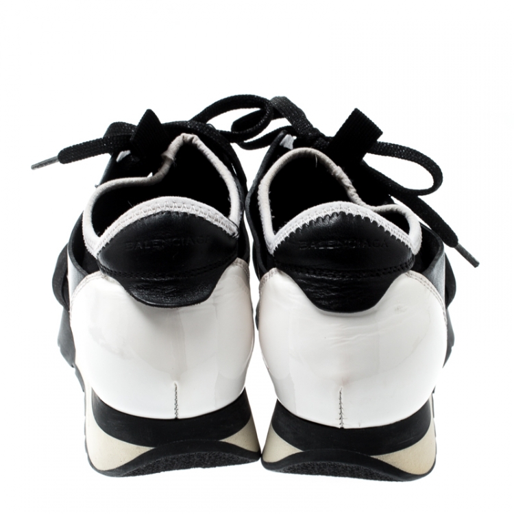 Pre Owned Balenciaga Monochrome Leather And Mesh Mixed Media Lace Up Sneakers Size 36