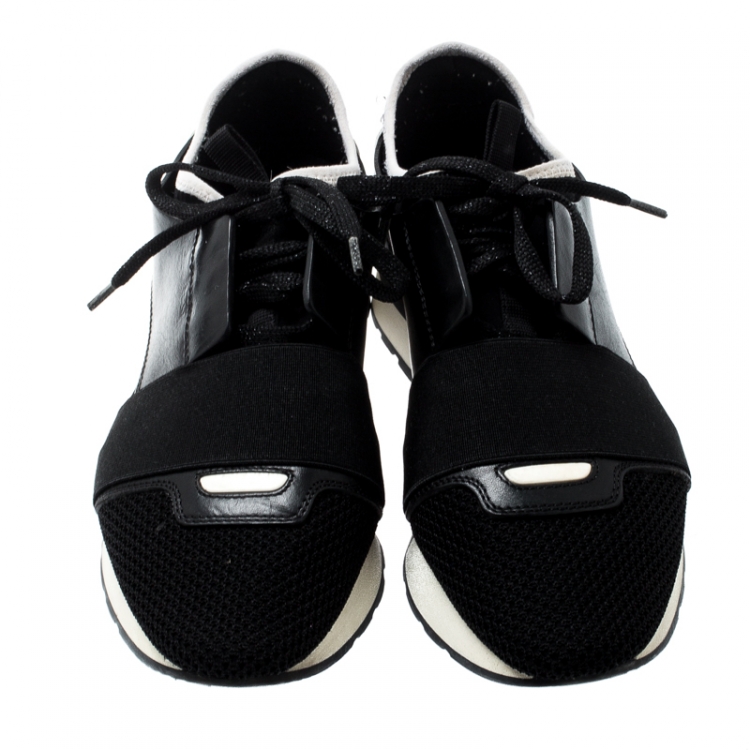 Pre Owned Balenciaga Monochrome Leather And Mesh Mixed Media Lace Up Sneakers Size 36