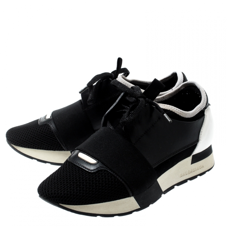 Pre Owned Balenciaga Monochrome Leather And Mesh Mixed Media Lace Up Sneakers Size 36