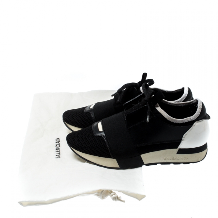 Pre Owned Balenciaga Monochrome Leather And Mesh Mixed Media Lace Up Sneakers Size 36