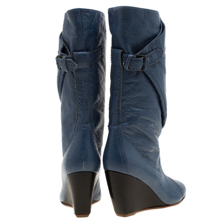 Pre Owned Balenciaga Blue Brogue Leather Wedge Mid Calf Boots Size 36