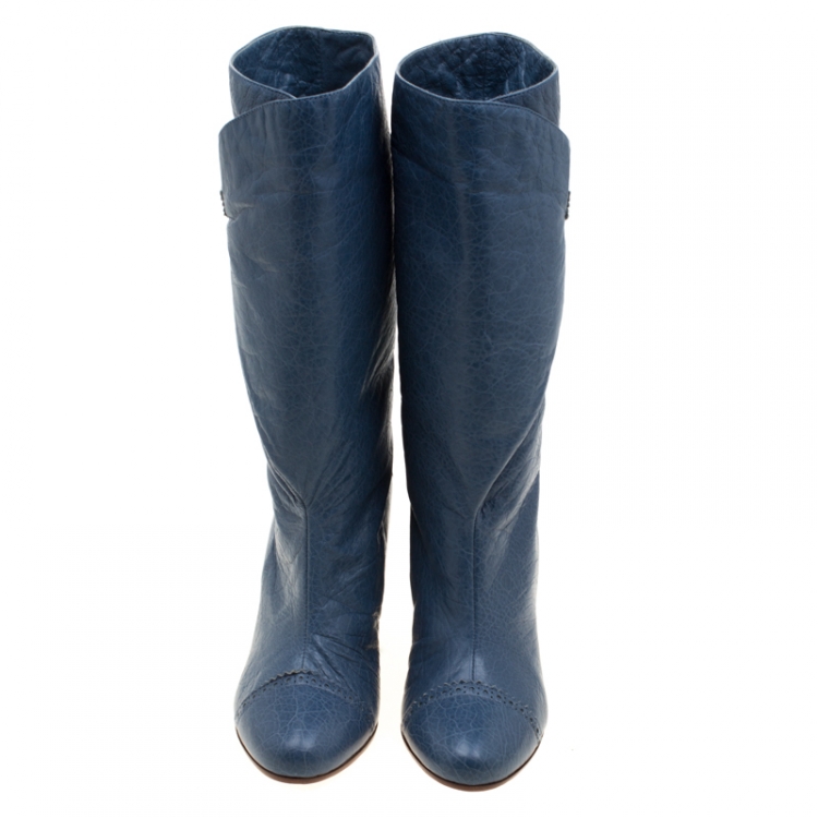Pre Owned Balenciaga Blue Brogue Leather Wedge Mid Calf Boots Size 36