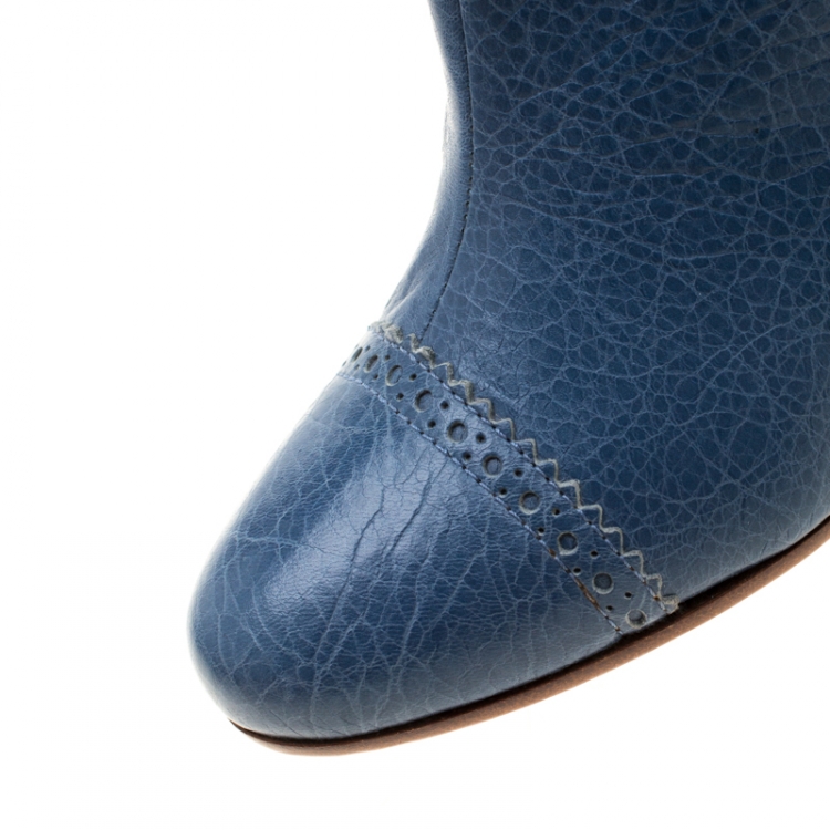 Pre Owned Balenciaga Blue Brogue Leather Wedge Mid Calf Boots Size 36