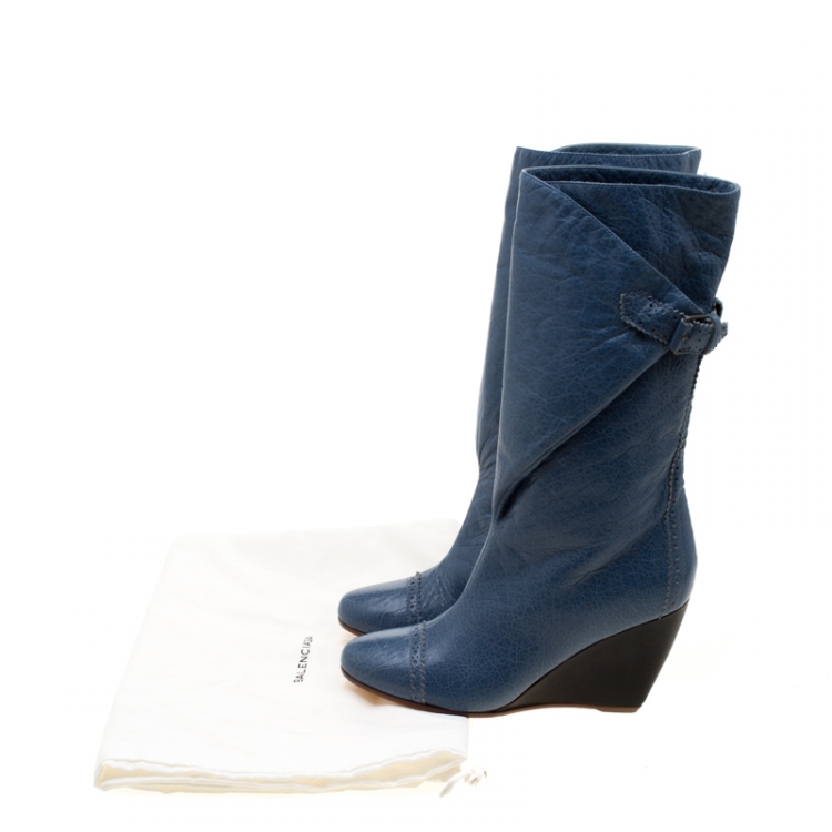 Pre Owned Balenciaga Blue Brogue Leather Wedge Mid Calf Boots Size 36