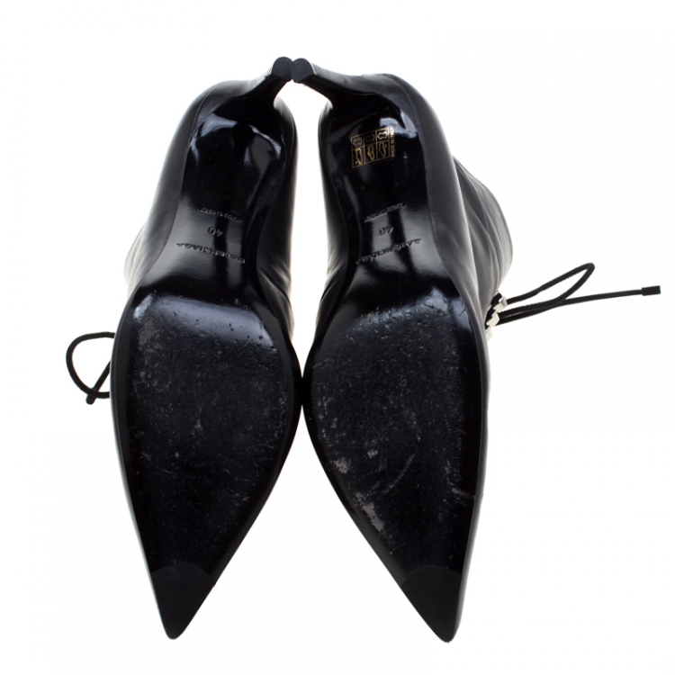 Pre Owned Balenciaga Black Leather Pointed Toe Lace Up Ankle Boots Size 40