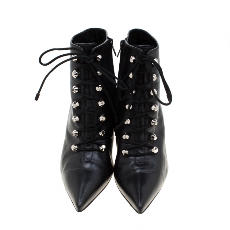 black pointed toe lace up boots