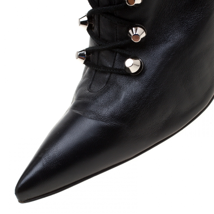 Pre Owned Balenciaga Black Leather Pointed Toe Lace Up Ankle Boots Size 40