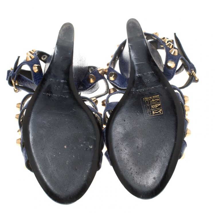 Pre Owned Balenciaga Blue Leather Arena Studded Gladiator Wedge Sandals Size 38