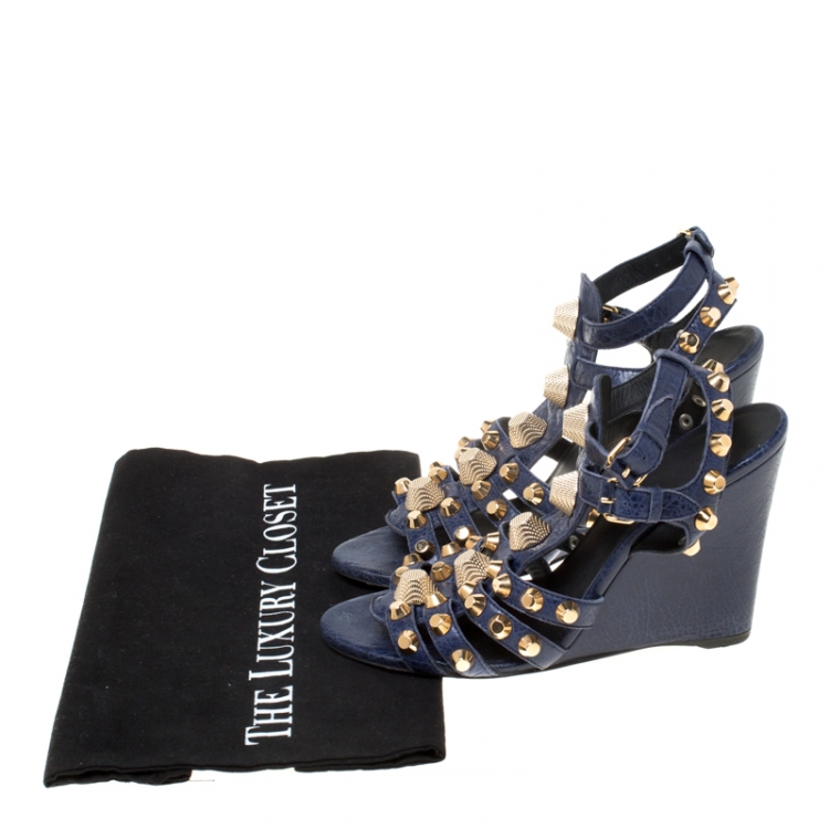 Pre Owned Balenciaga Blue Leather Arena Studded Gladiator Wedge Sandals Size 38