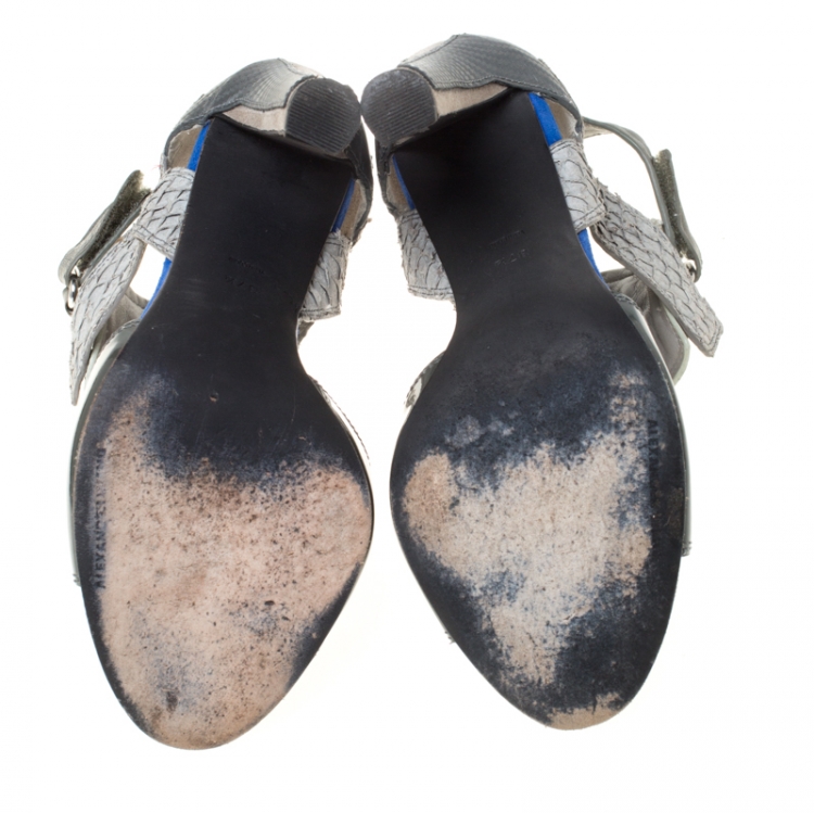 Pre Owned Alexander Wang Grey Leather And Salmon Skin Trim Chloe Ankle Strap Sandals Size 37.5