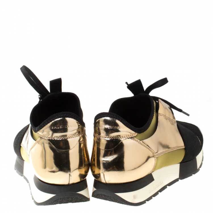 Pre Owned Balenciaga Metallic Gold Leather And Satin Race Runner Sneakers Size 39